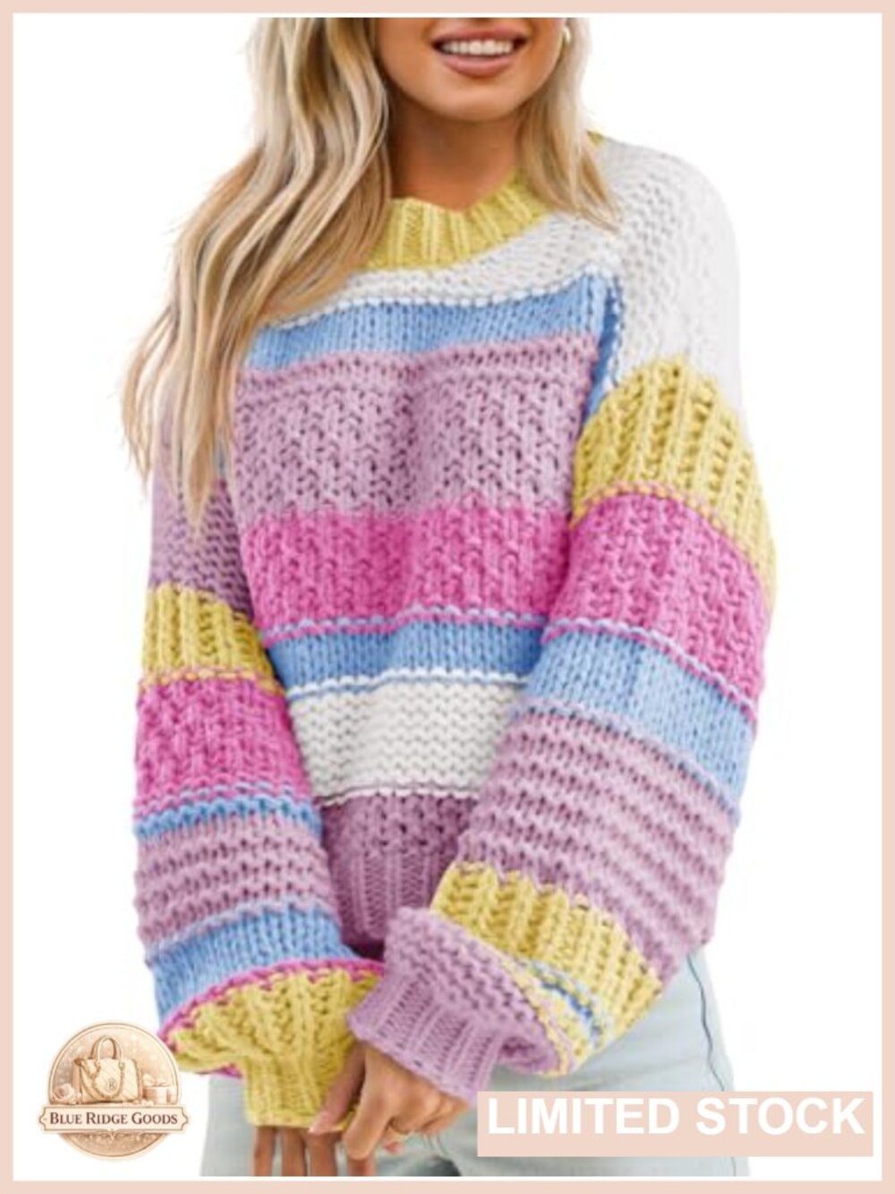 Chunky Knit Striped Color Block Cropped Sweater Pullover Long Sleeve Crew Neck